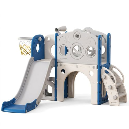 Toddler Slide 8-in-1 with Basketball Hoop, Telescope and Climber (Blue & Gray)