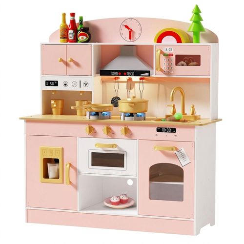 Wooden Play Kitchen Set with Lights and Sounds (Pink)