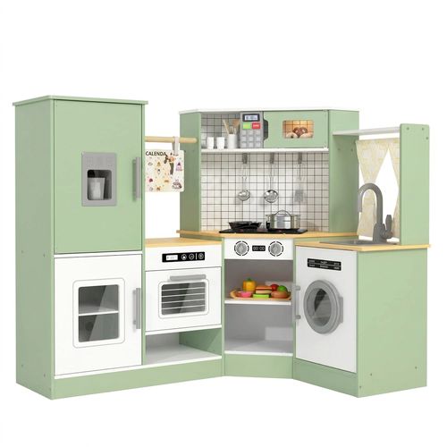 Corner Wooden Play Kitchen Set with Lights and Sounds (Green)