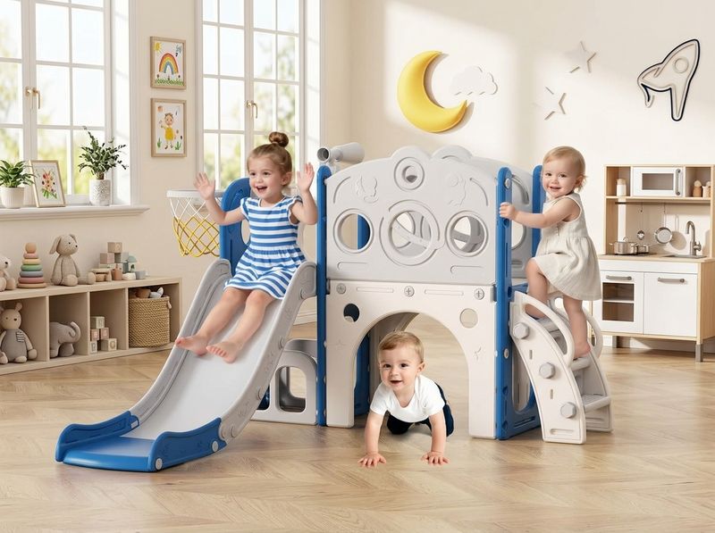 Toddler climbing the 8-in-1 slide with a basketball in hand, tunnel visible underneath, living room couch in background