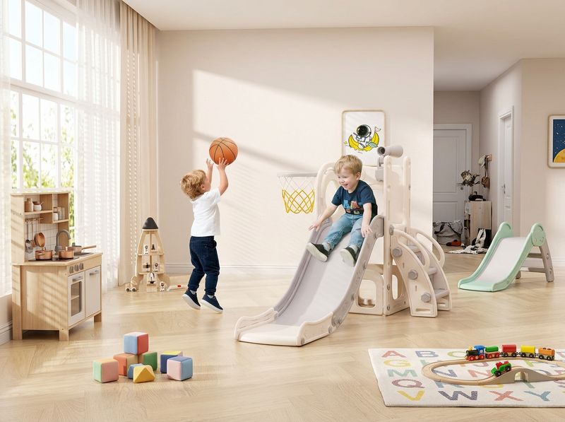 Close-up of smooth HDPE slide surface with light reflection, blurred motion of a child sliding feet-first