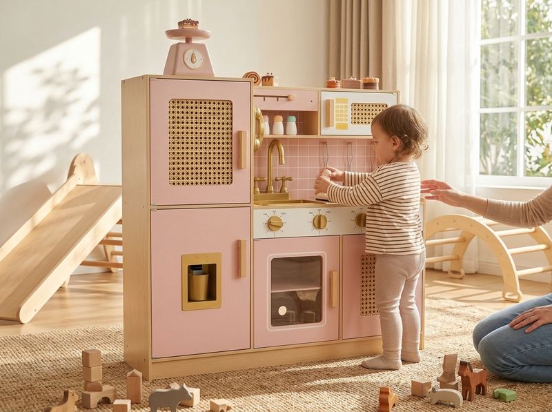 Pink wooden play kitchen with LED burners lit, child in chef hat pretending to flip pancakes, ice maker drawer open