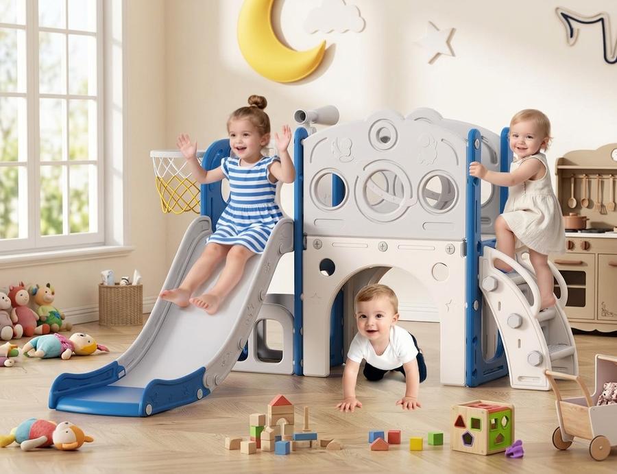 Toddler Slide 8-in-1 with Basketball Hoop, Telescope and Cli