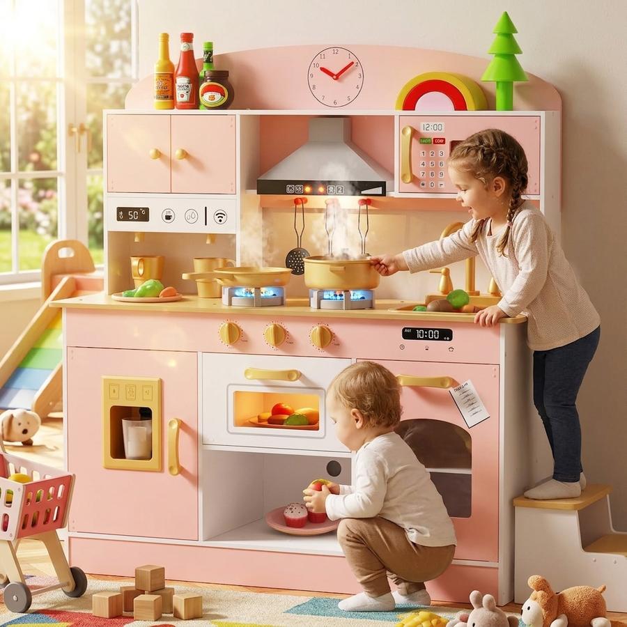 Wooden Play Kitchen Set with Lights and Sounds (Pink)