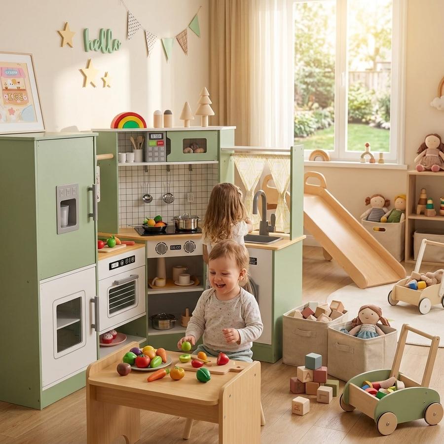 Corner Wooden Play Kitchen Set with Lights and Sounds (Green