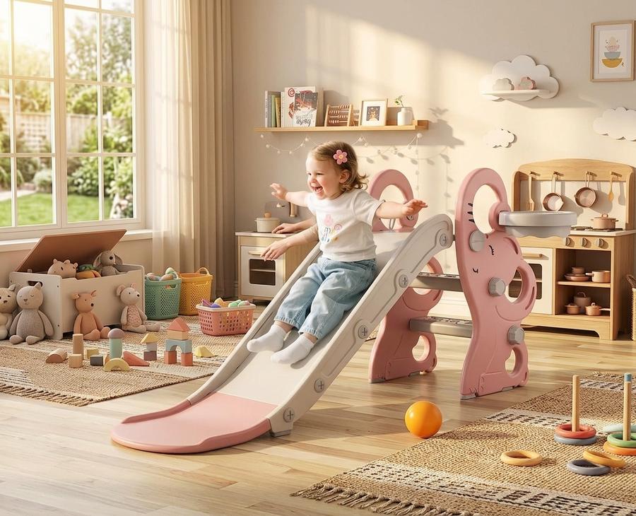 Toddler Slide with Basketball Hoop and Ring Toss (Pink & Whi