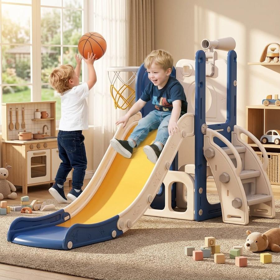 Grid comparing 18-month crawler, 3-year-old toddler, and 5-year-old kindergartener using the same blue and yellow 6-in-1 slide